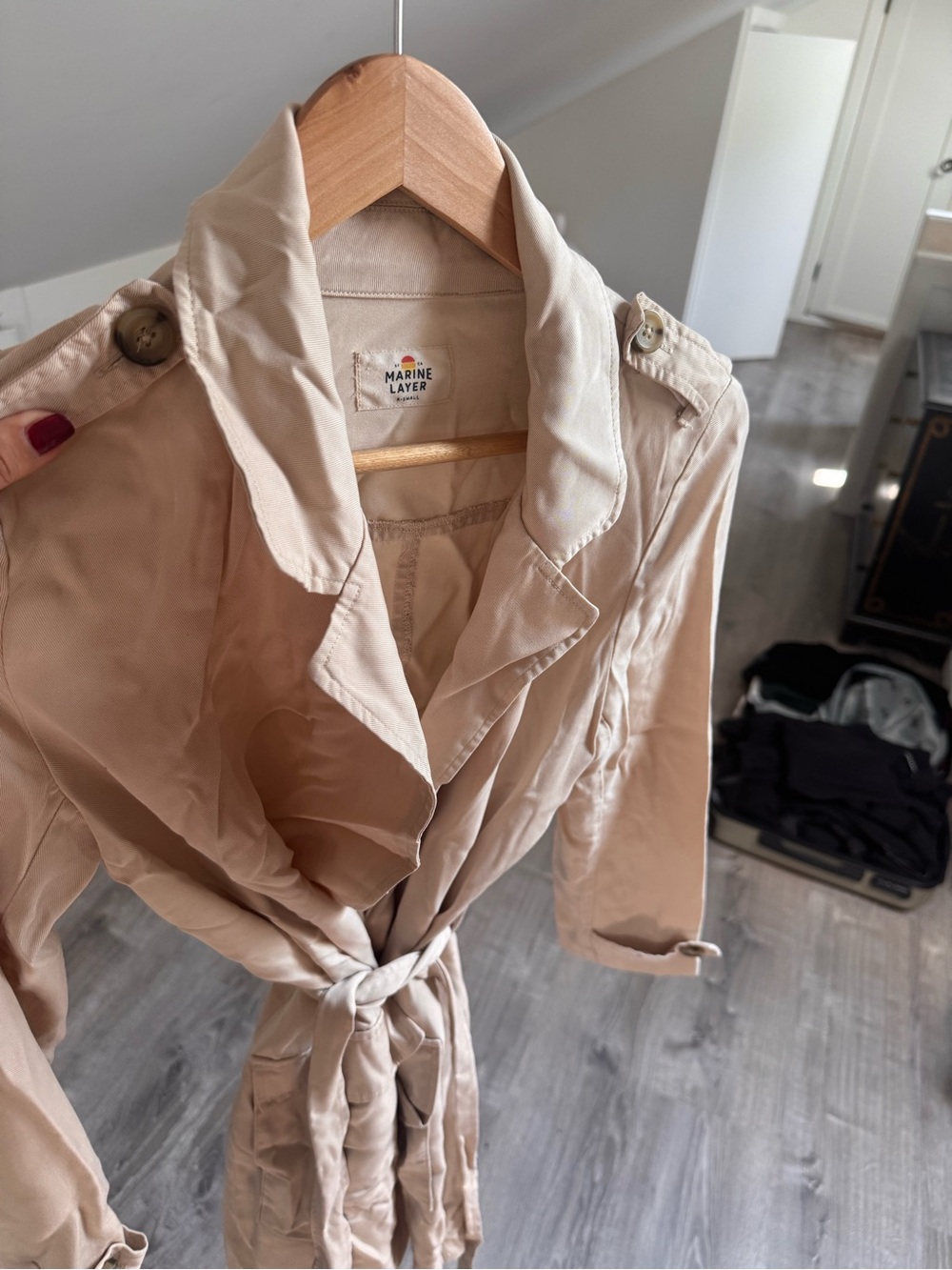 Marine Layer Light Beige Trench Coat with Self-Tie Waist